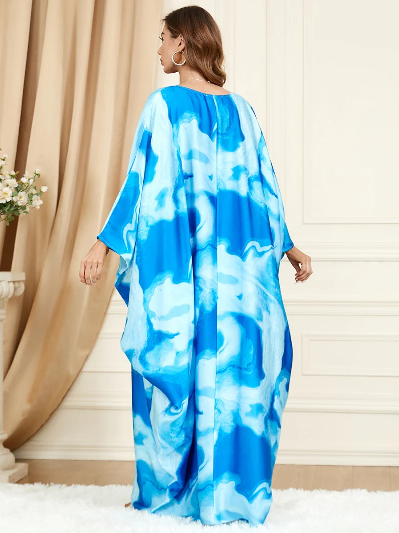 Abayas For Women New Boho Retro Tie Dye Printed Casual Loose Bat Sleeve O-Neck Islamic Long Dress Jalabiyat Ramadan 2023