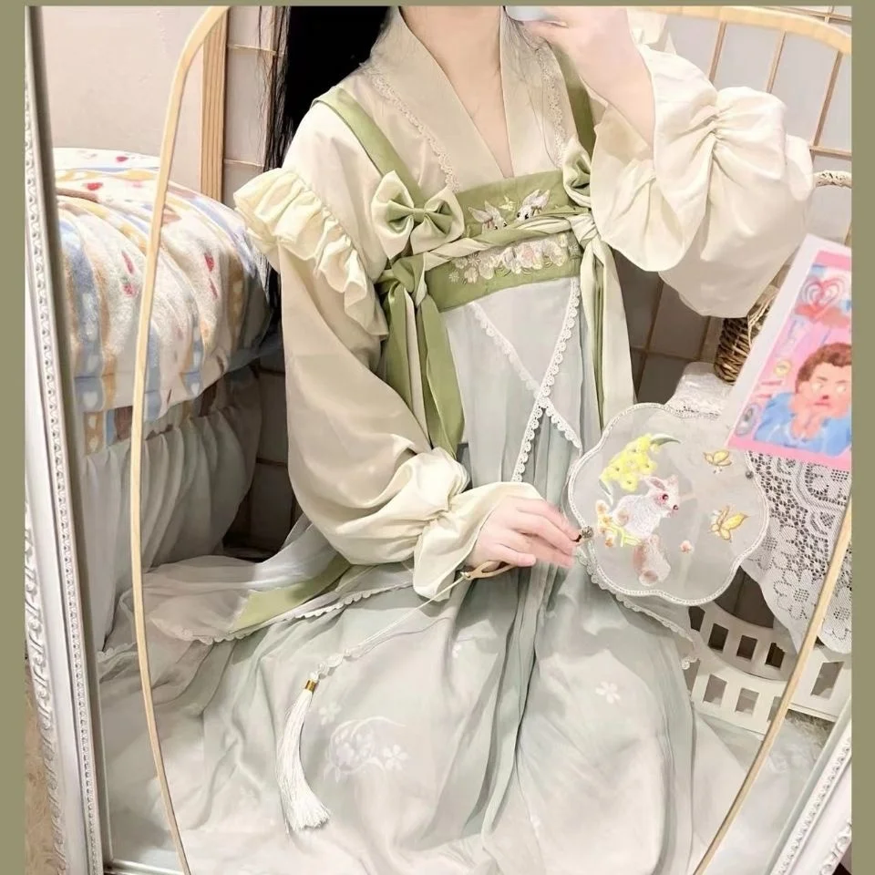 

Женский костюм с вышивкой в китайском стиле Hanfu, с рукавами-фонариками в виде кролика, лотоса, сказочный костюм для косплея, костюм династии Тан