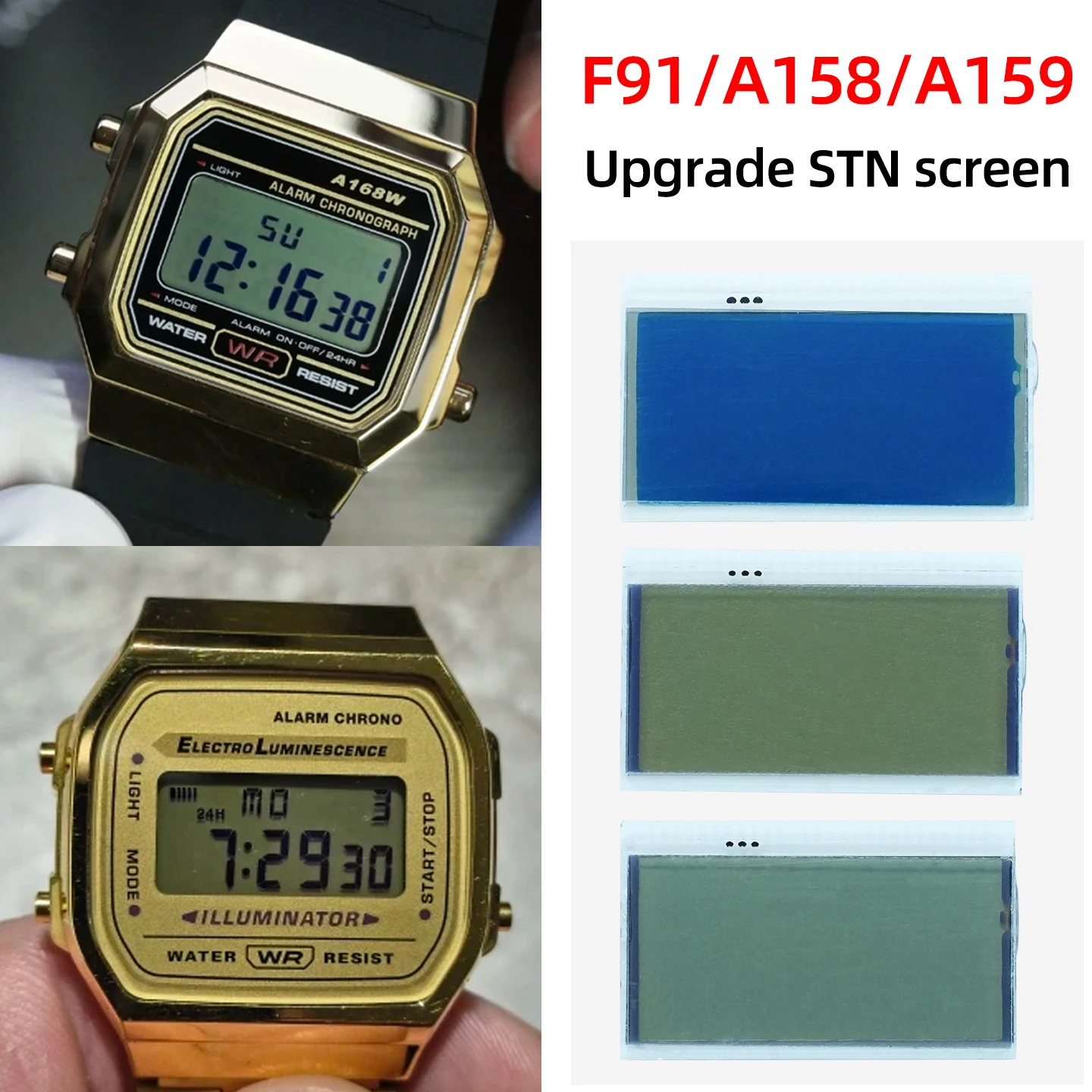 Фото ЖК-экран STN для часов Casio F-91W, F-105, A158, A159, A168, модификация, модернизация, высококонтрастный дисплей, запасные части №1