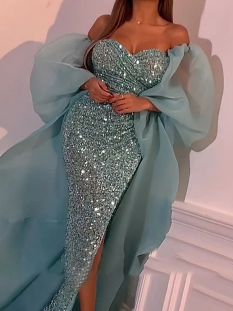 PLEINDI Luxurious Evening Dresses V-Neck Boat Neck Off the Shoulder Asymmetrical Sequin Floor-Length 2022 New of Lace Prom Dress