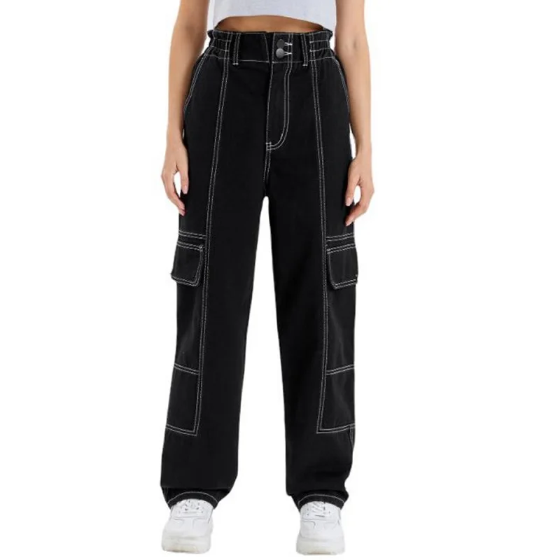 

Zt008 European and American Style New Pure Color Jeans Women's Loose and Slim High Waist Straight Pants