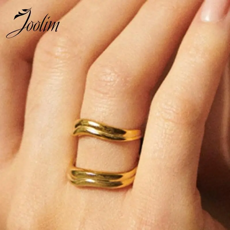 

Joolim Jewelry High End Pvd Wholesale No Fade Simple Irregular Double Curved Surface Abstract Stainless Steel Rings For Women