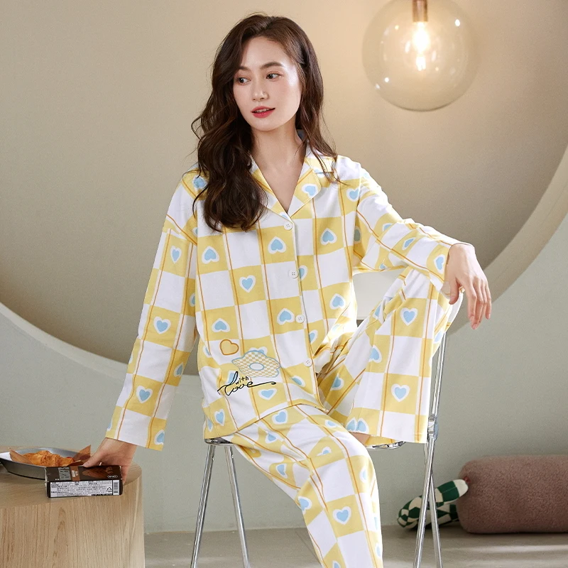 

Ladies Pajamas Spring And Autumn Cotton Suit Teenage Girls Long Sleeves Loose Large Size Casual Home Clothes Autumn And