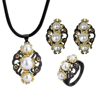 ajojewel vintage luxury jewelry sets for women ins style shell pearl flower statement ring black golden necklace earrings 2022