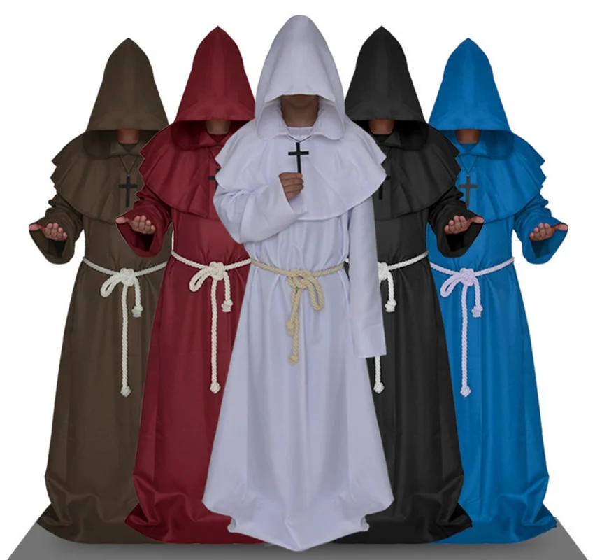 Halloween Costumes Middle Ages Renaissance Monks Pastor Robe Adult Cosplay Exorcism Friar Unisex Hooded Cloak Cape Gown Cos Mask