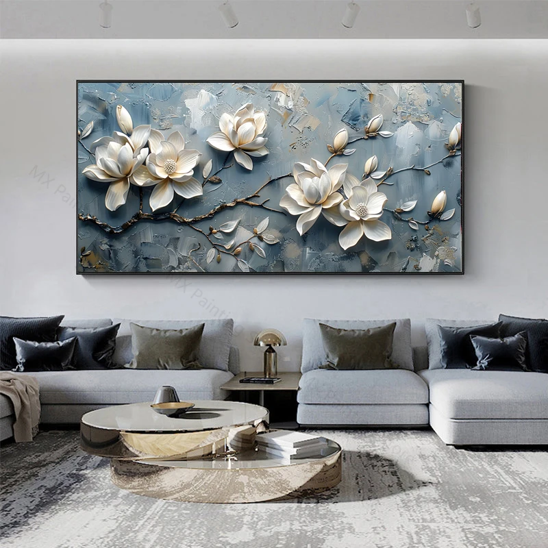 Абстрактная художественная 3D-картина белых цветов магнолии на сером фоне