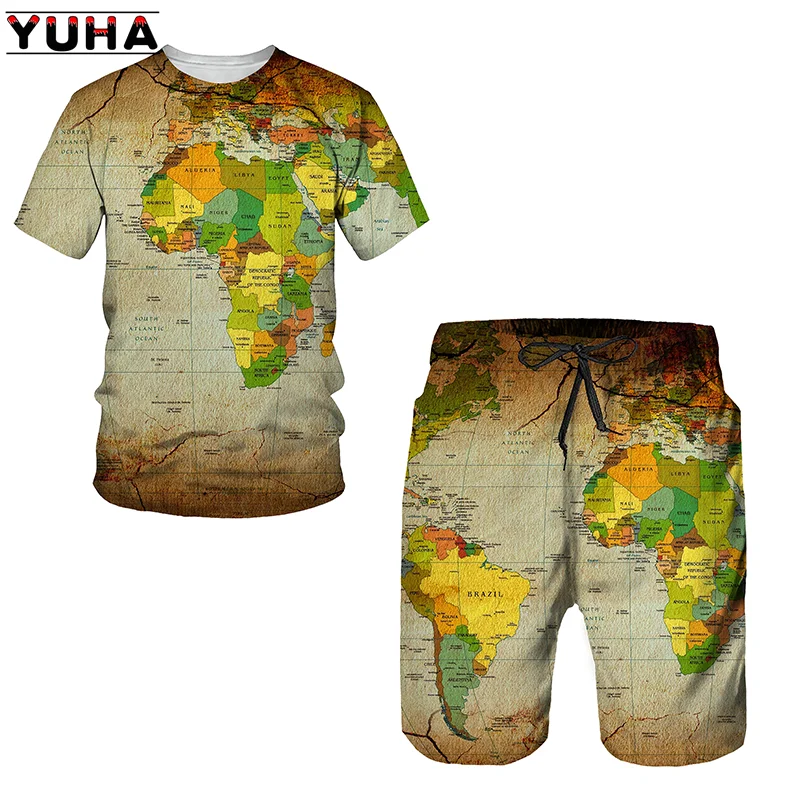 Yuha,map Printing New Summer 3d Casual Men Short Sleeve T-shirts +shorts Male O Neck Top Tracksuit Set Men's Clothing 2 Pieces