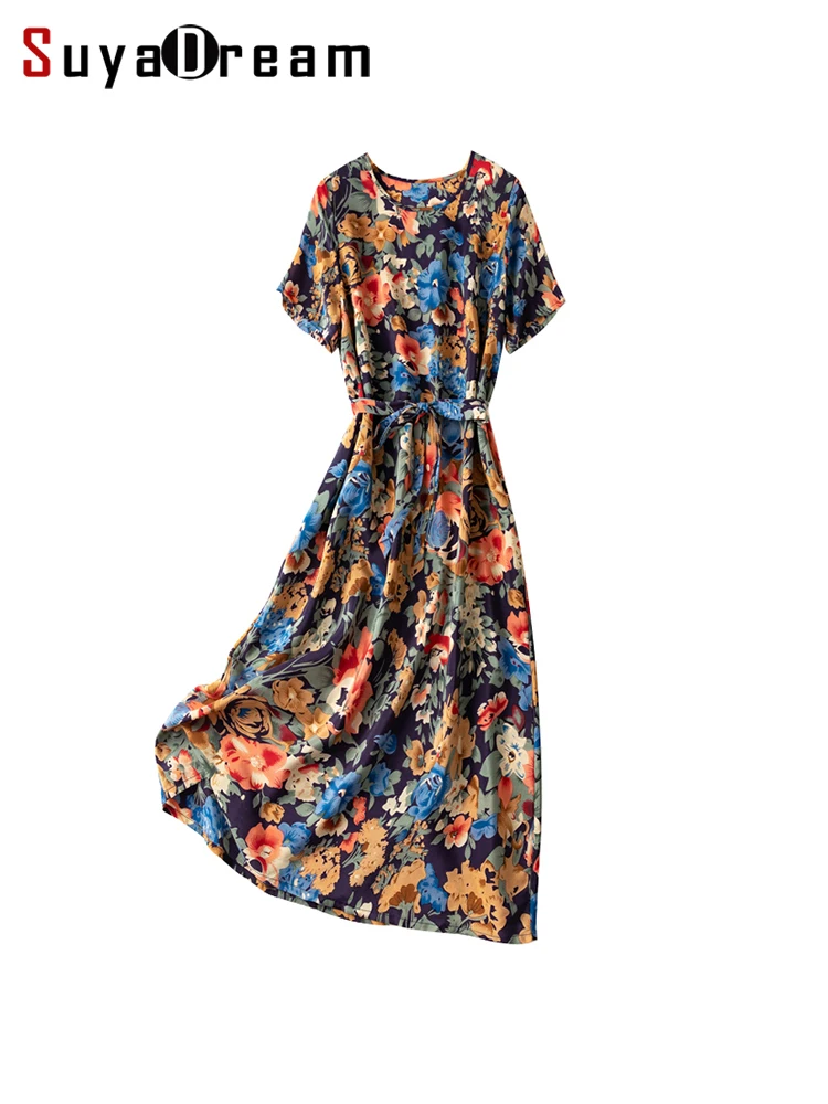 

SuyaDream Women Long Dresses 100%Silk Crepe De Chine A-line Floral Printed Sashes Dress 2022 Spring Summer Holiday Clothes