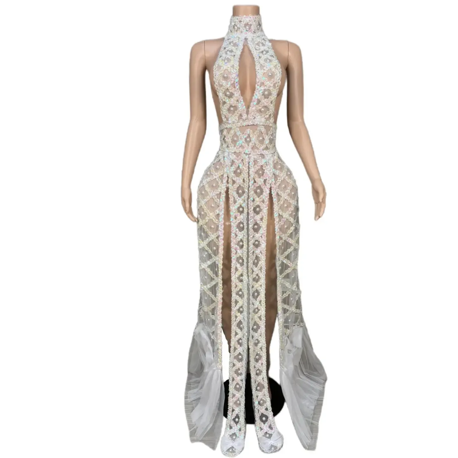 2024 Сетчатое жемчужное платье с открытой спиной для женщин высоким разрезом Pron Gown