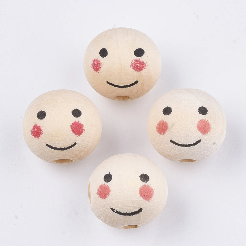 

20PCS Wood Beads Large Hole Beads Round with Smile Face PapayaWhip 19~20x17.5~18mm Hole: 4.5mm