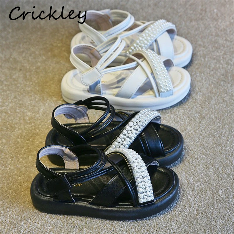 

Princess Pearl Children's Sandal Party PU Leather Hook Loop Sandals For Girls Fashion Soft Bottom Anti Slip Kids Summer Shoes