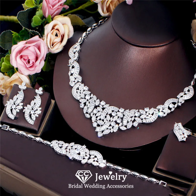 

CC Wedding Jewelry Set Women Accessories Bridal Bijoux Engagement Necklace Earrings Bracelet Earrings Sets 4 PCS Shining T0271