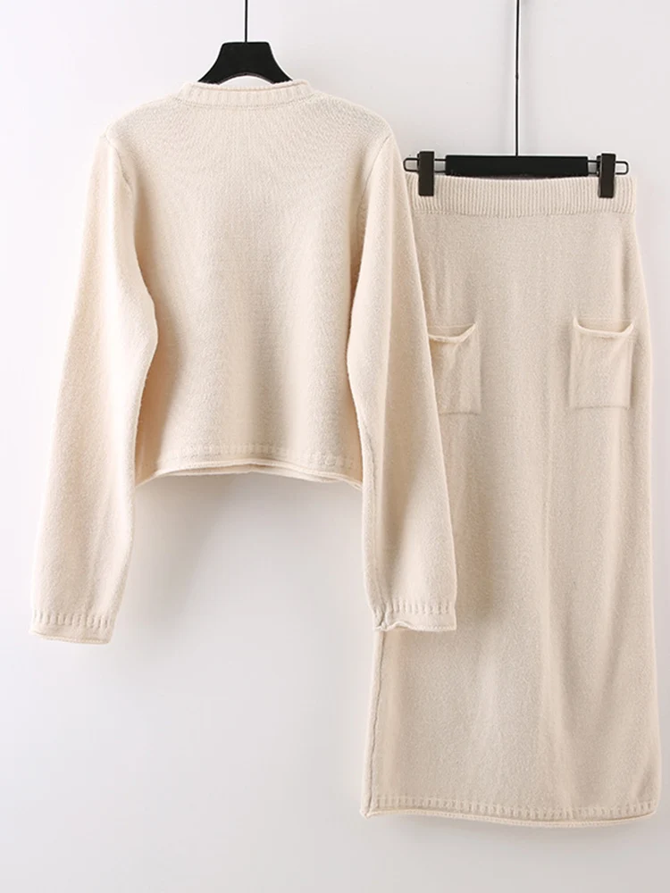 Женский трикотажный однобортный Кардиган с круглым вырезом и юбка