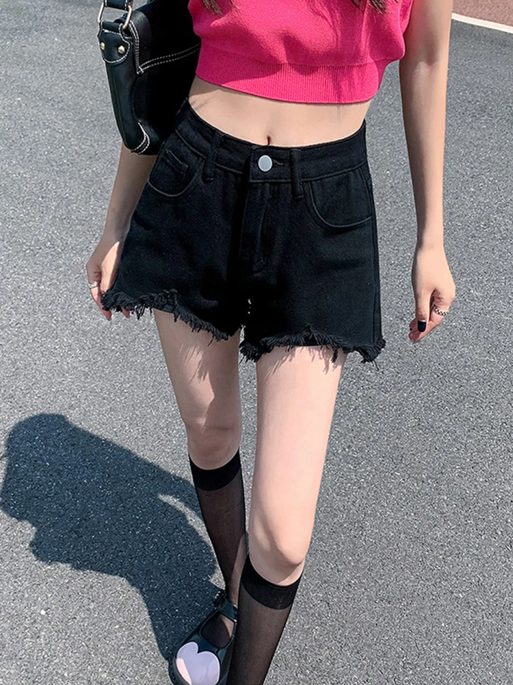 Streetwear Women High Waist Frayed Raw Hem Denim Shorts Spring Summer Female Retro Loose Hole Jeans Shorts Bottoms