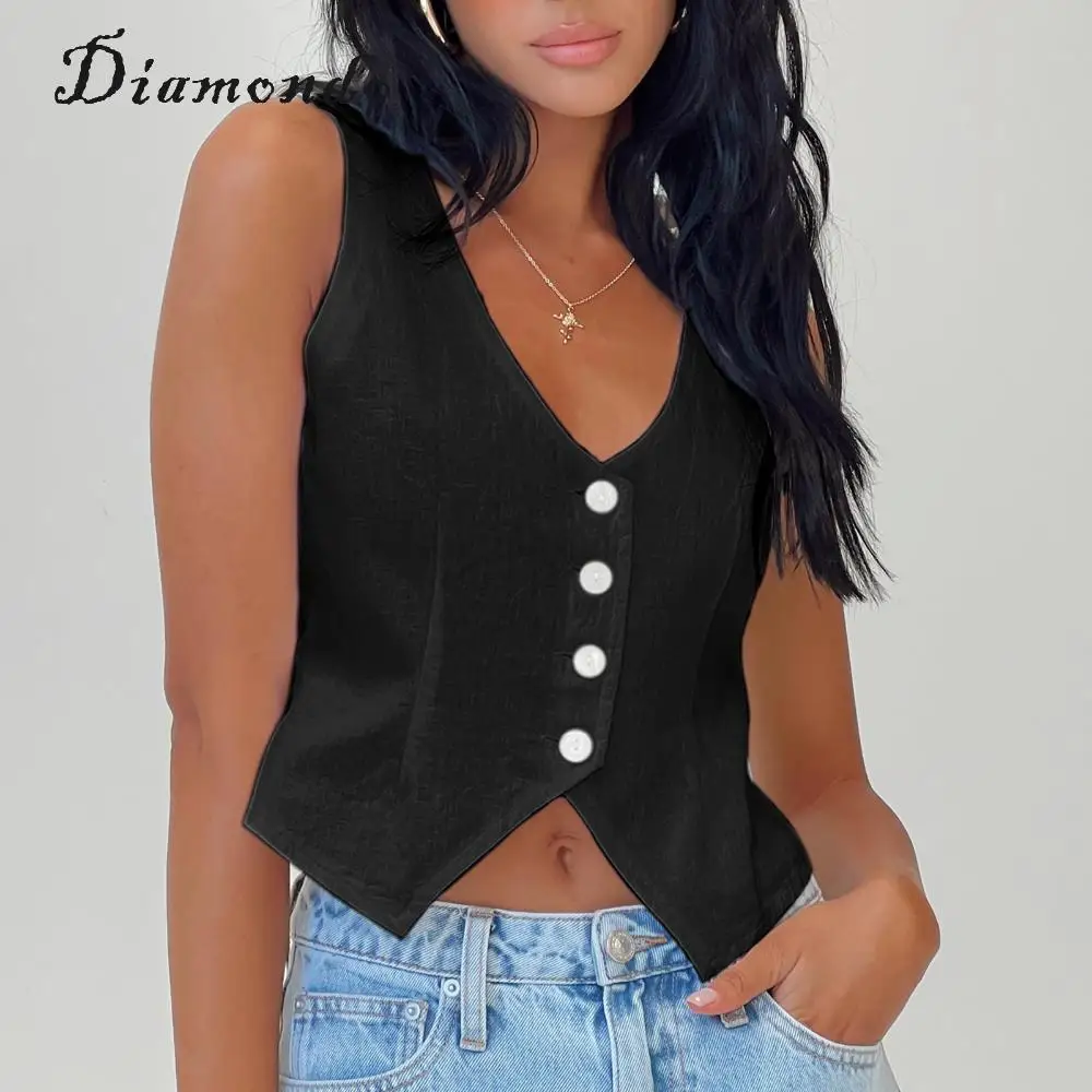 

Women Vest Crop Top Office Work Suit V Neck Sleeveless Top Single Breasted Basic Waistcoat Casual Style Daily Outfits