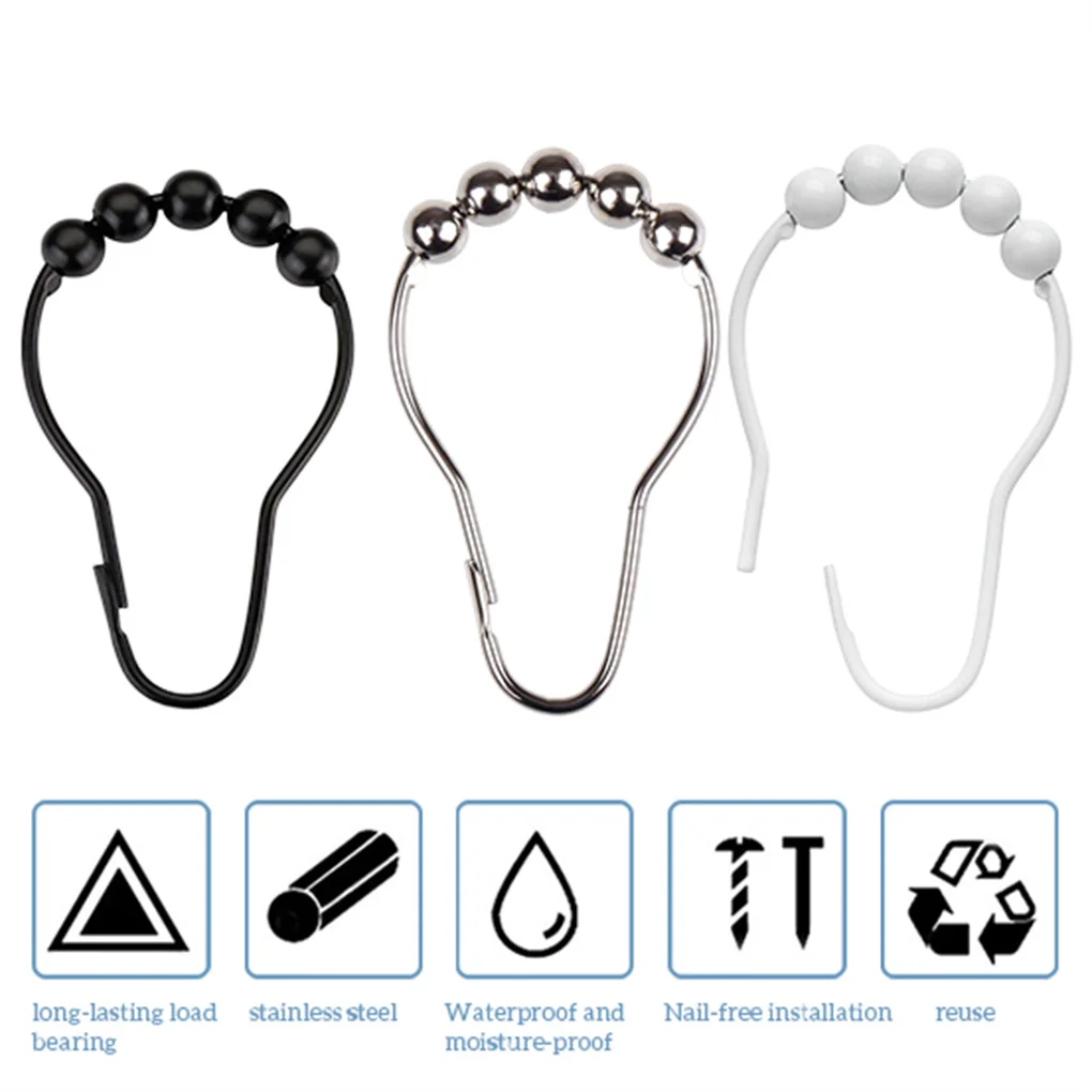 

12 Pieces Stainless Steel Shower Curtain Rolling Hooks Bathroom Washroom Hangers Rings Farmhouse Accessories White