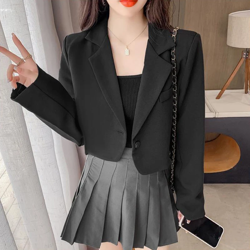 Korean Cropped Blazers Women Black Khaki One Button Outerwear Female All-match Long Sleeve Office Suit Jacket Coat