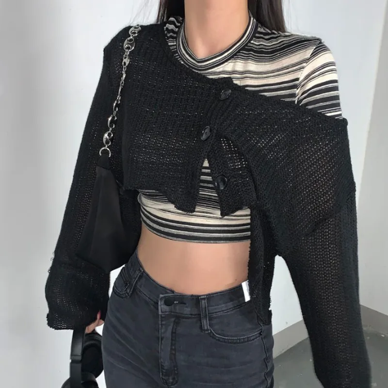 

Combhasaki Women Y2K Fairy Cropped Off Shoulder Solid Color Slanted Shoulder Long Sleeve Knitted Cardigan Tops Knitted Tops