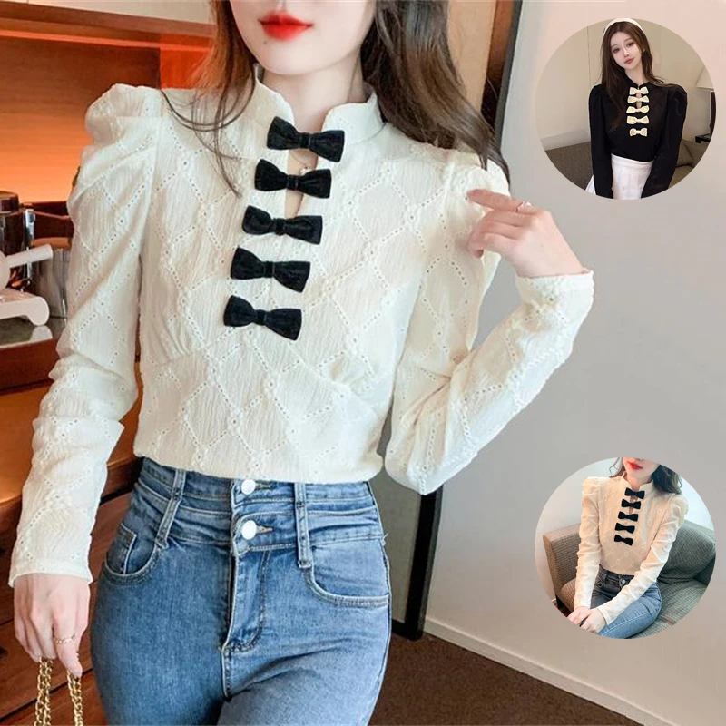 

Sweet Hollow Out Plaid Bow Slim Chiffon Shirt Female Clothing Long Sleeve Stand Collar Y2K Top Spring Puff Sleeve Women's Blouse