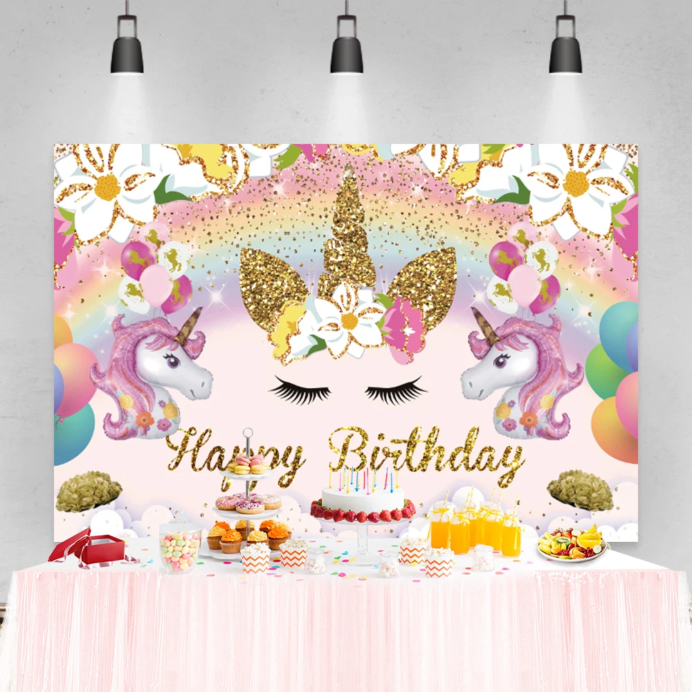 

Unicorn Rainbow Happy Birthday Party Backdrop Balloon Flower Gold Glitter Baby Shower Girl Birthday Photo Photography Background