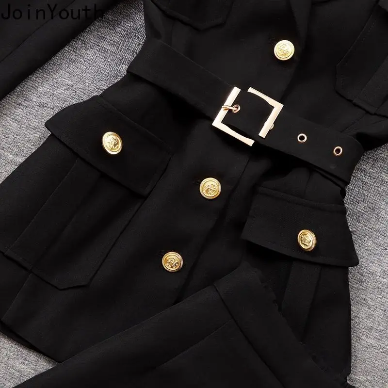 Женский костюм из двух предметов зимняя двубортная куртка-туника с пряжкой