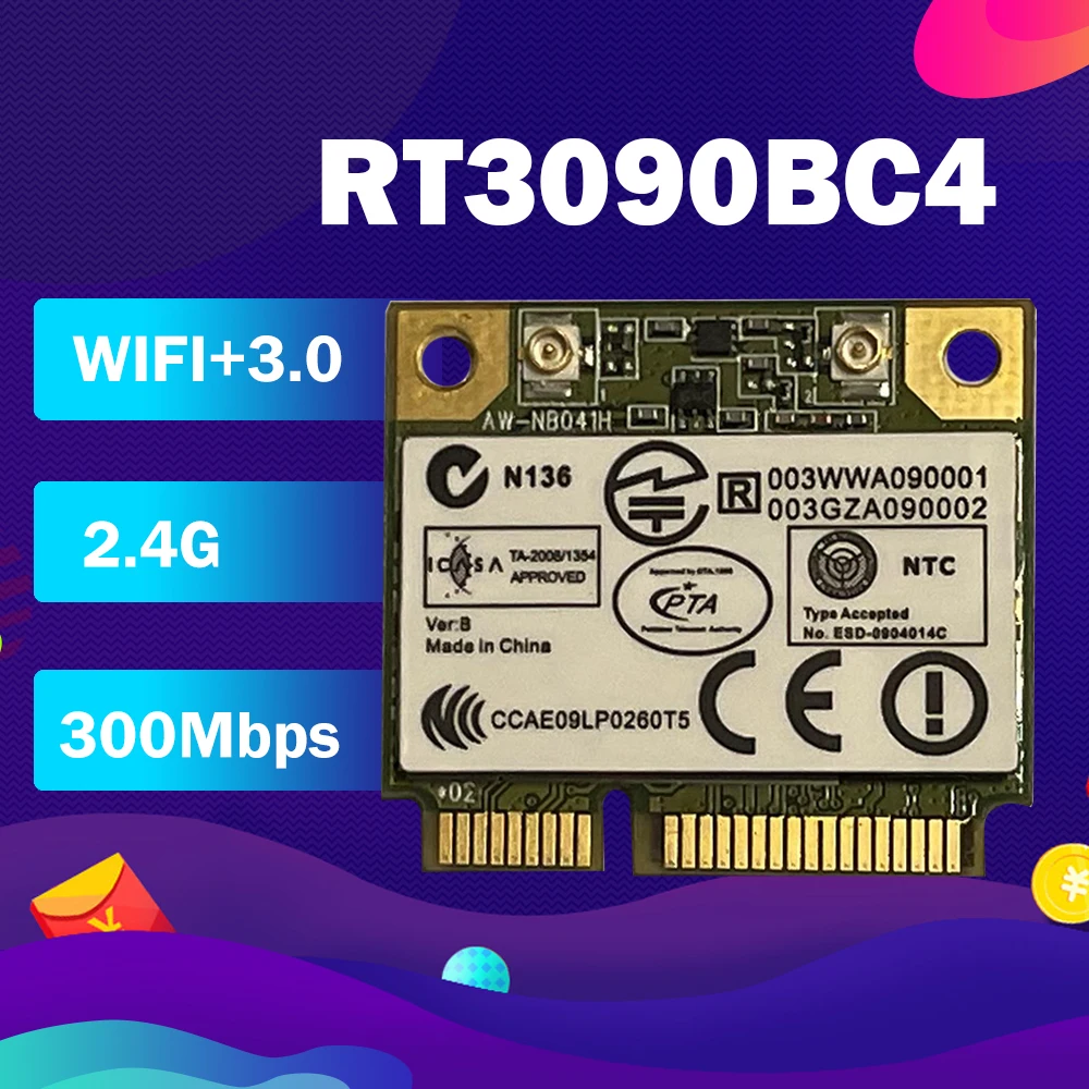 AzureWave-AW-NB041H RT3090BC4, Mini PCI-e inalámbrico, WLAN, 300Mbps, tarjeta inalámbrica con Bluetooth 3,0