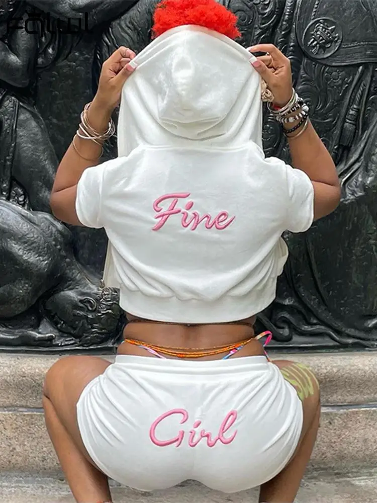 

Habbris Summer Sexy Letter Print 2 Two Piece Sets Party Outfit Women 2022 Short Sleeve Zip Up Hooded Top And Shorts Sets Female