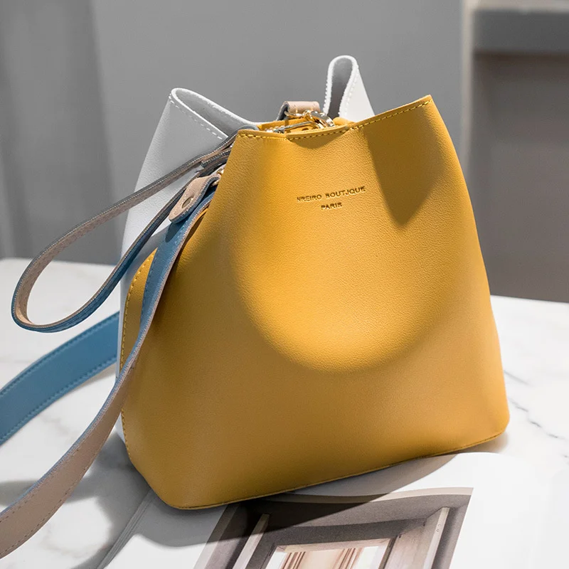 

2023 New PU Leather Handbags Women Bucket Designer Shoulder Bags Female Larger Capacity Yellow Crossbody Messenger Bags