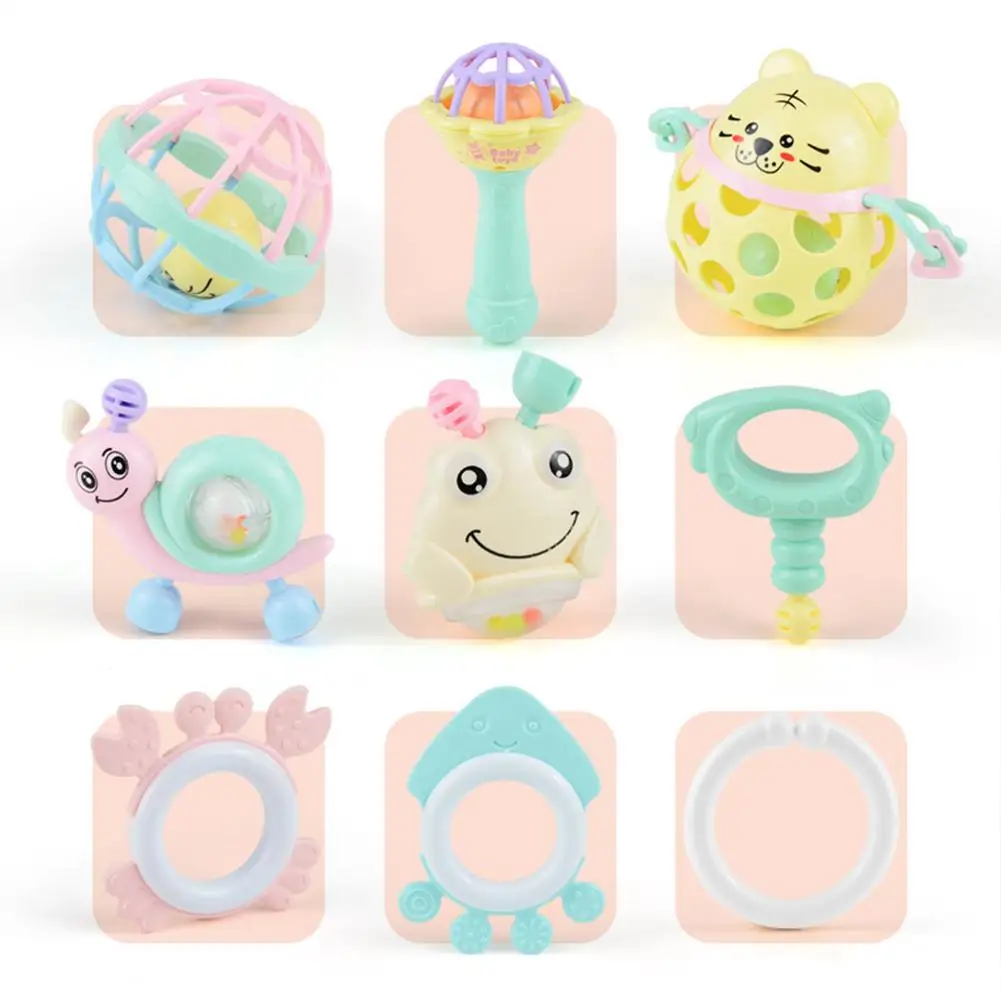 

9Pcs/bag Baby Rattles Teether Set Grasping Grab Toy Spin Shaking Bell For Infant Newborn Baby 0- 12 Months Teether Toys