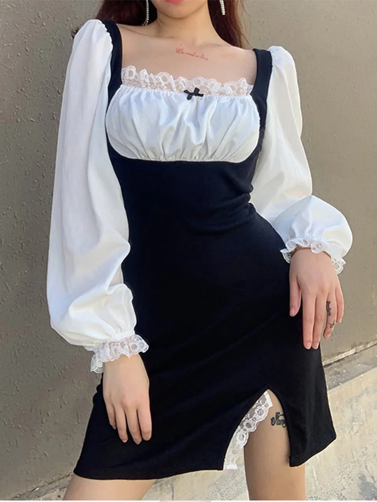 

Женское сексуальное кружевное комбинированное платье контрастных цветов, весна 2022, милое японское платье с длинным рукавом и квадратным вы...