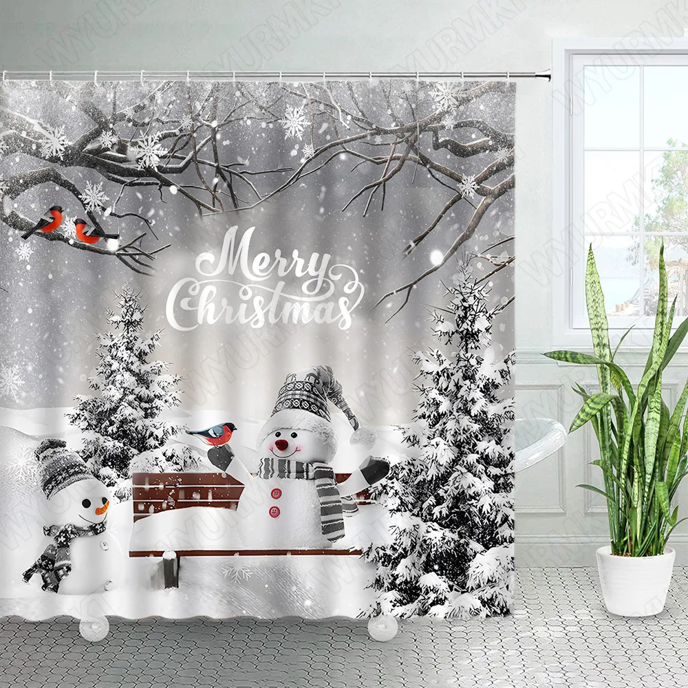 

Рождественские занавески для душа, Симпатичные снеговики, птицы, сосновые деревья, Зимний лес, ландшафт, Рождественский Декор для ванной комнаты, ткань для ванной