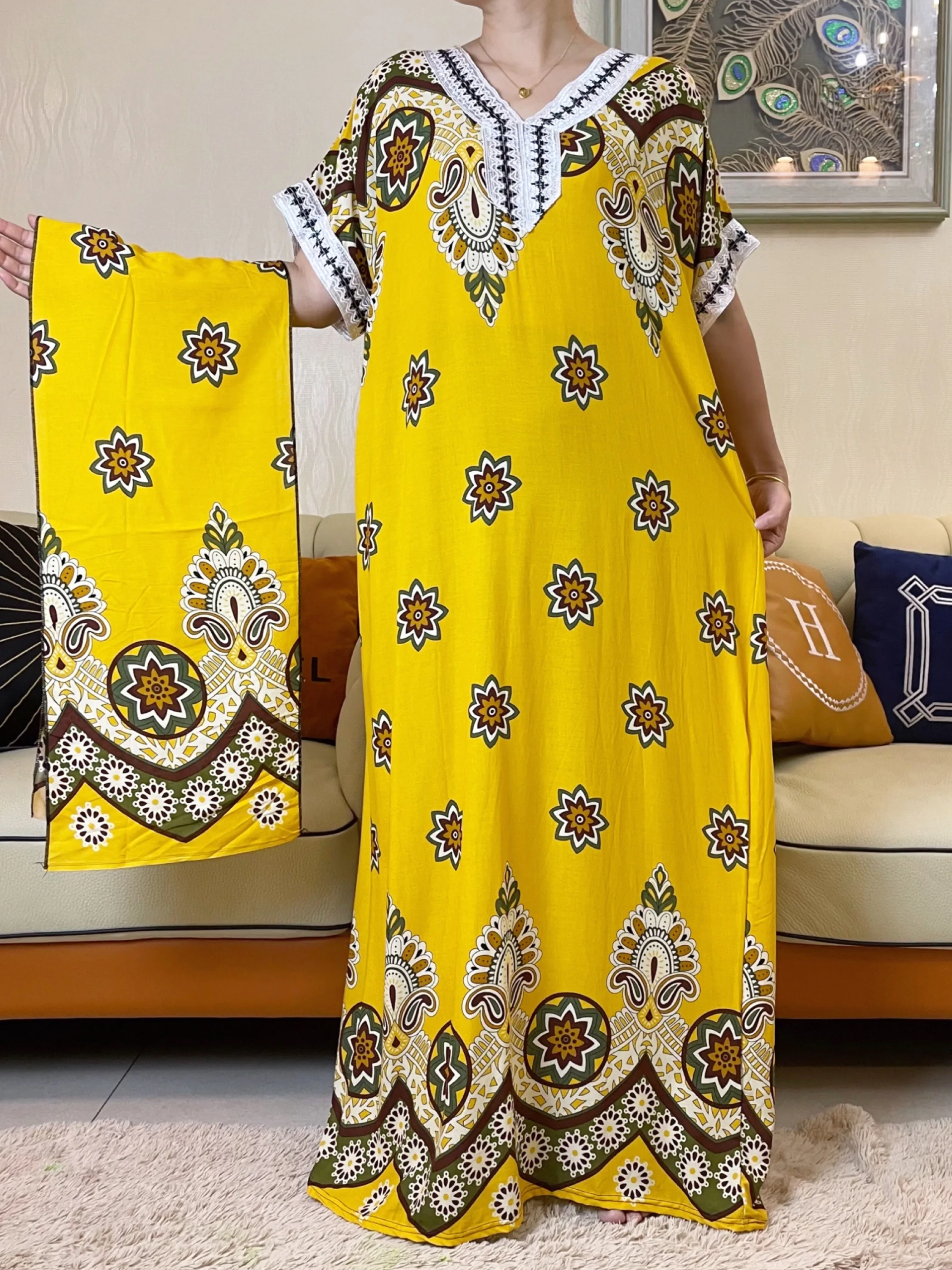 2023 New African Cotton Abaya Colorful Print Floral Short Sleeve Loose Style Dashiki Dubai V Neck Stripe Long Lady Dresses