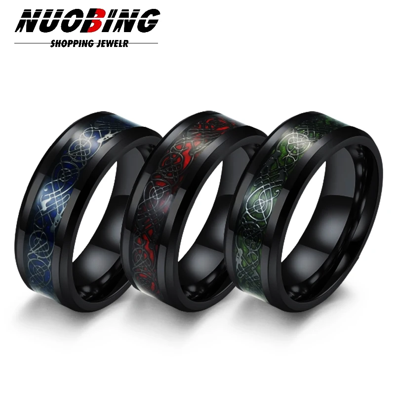 

Fashion 8MM Purple Green Red Carbon Fiber Celtic Stainless Steel Men's Ring Women's Engagement Retro Punk Jewelry Gift