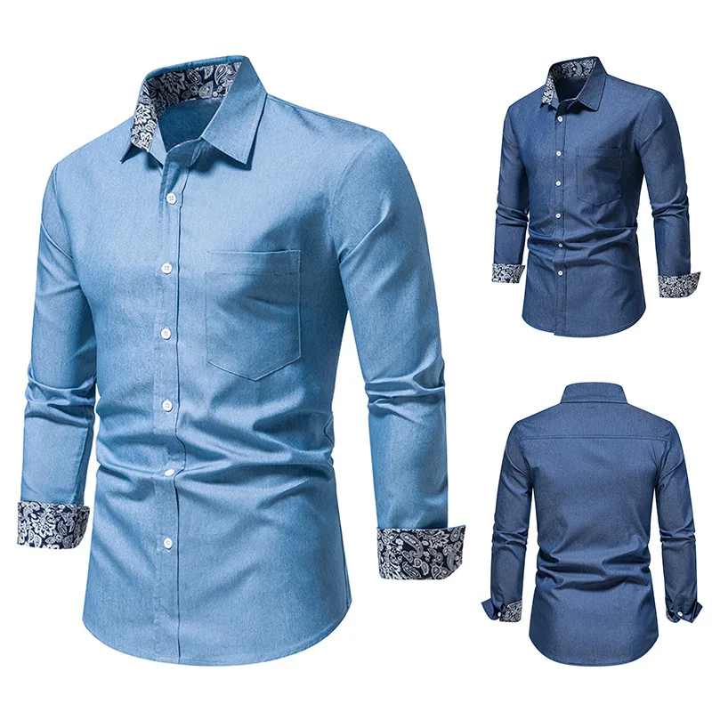 Long Sleeve Denim Shirts Fashion Men's Contrast Color Slim Fashion Men's Button-Up Shirts 2022 New Business Professional Shirts