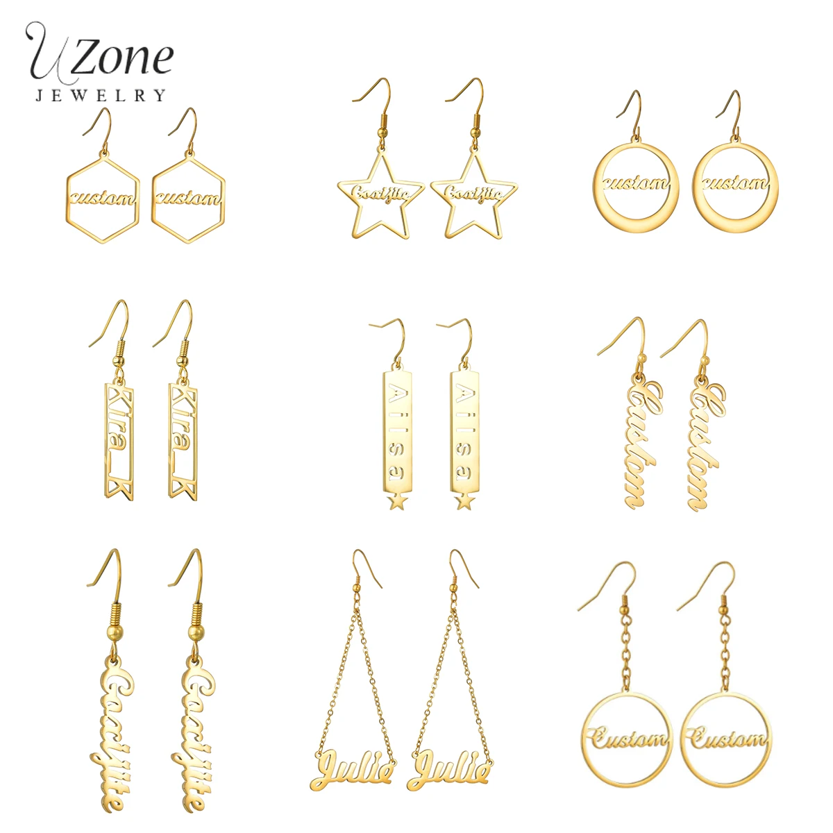 UZone 1 Pair Personalized Custom Name Drop Earrings For Women Stainless Steel Designer Vertical Dangle Jewerly Birthday Gift