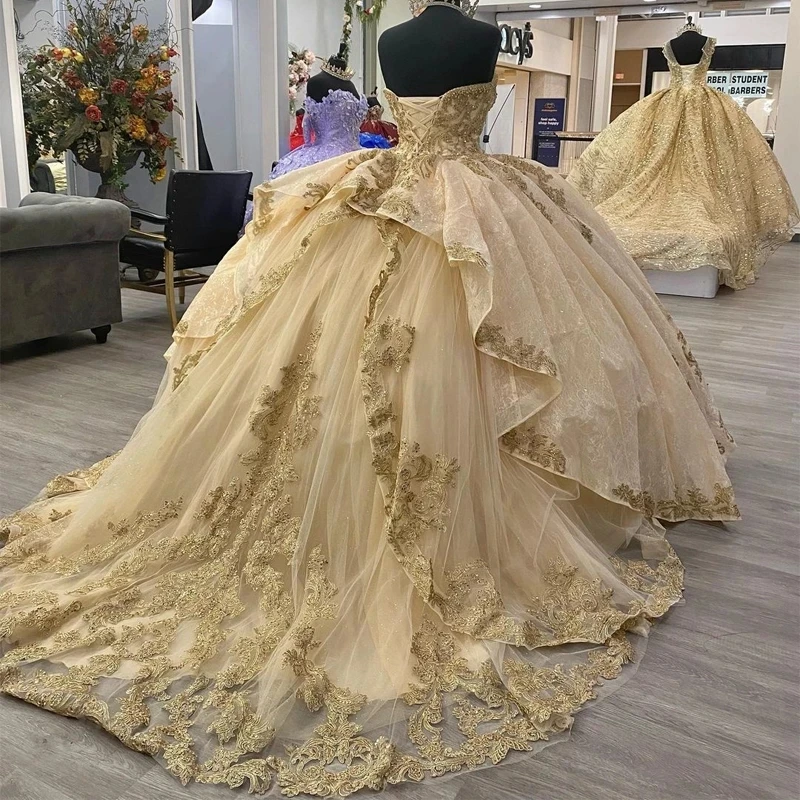 ANGELSBRIDEP Роскошные платья Quinceanera Блестящие Золотые Аппликации Vestidos De 15 лет корсет