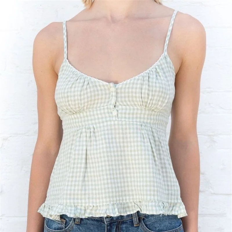 

Женская клетчатая кофта с оборками на подоле, женская летняя повседневная безрукавка на бретельках, футболки, топы, женская уличная одежда