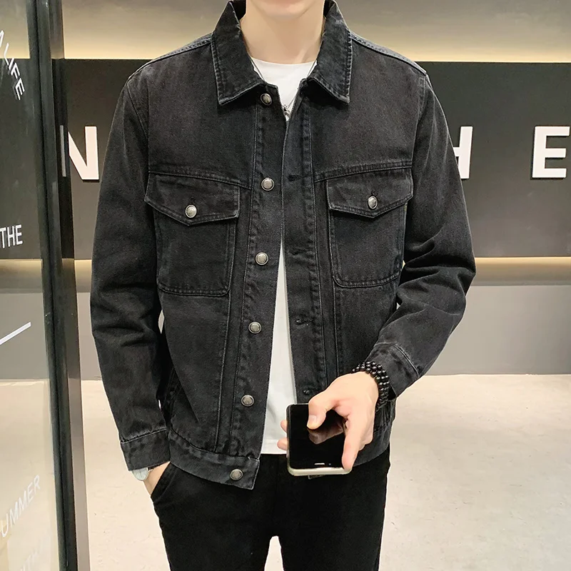 

High Quality Denim Jacket Men Turn Down Collar Fashion Jean Outwear Big Pocket Streetwear Vintage Black Grey Denim Coat Man