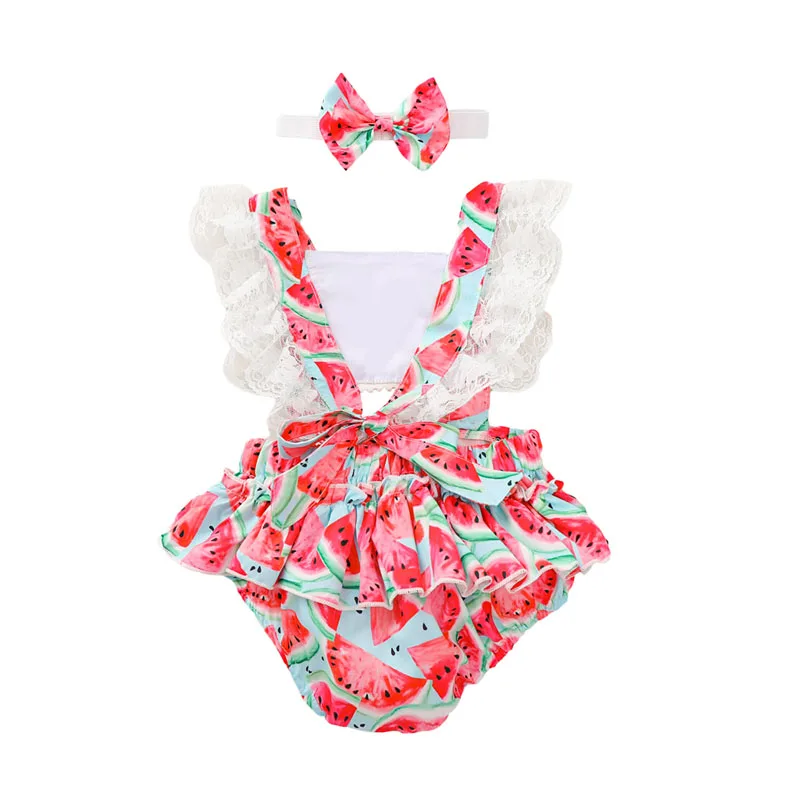 

Pudcoco 0-18M 2Pcs Cute Newborn Baby Girl Jumpsuits Ruffles Fly Sleeve Lace Watermelon Print Romper Headband Outfits Clothes Hot