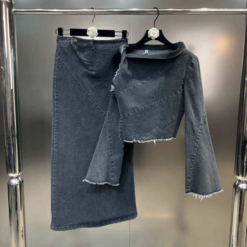 

BORVEMAYS 2023 Autumn New Long Sleeve Solid Color Loose Denim Tops + High Waist Knee-length Skirts Casual Two-piece Sets WZ5151