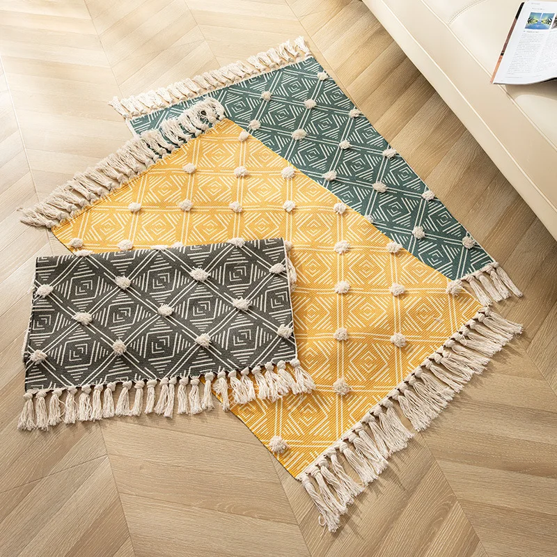 

New Fashion Supply Cotton Thread Weaving Nordic Style Handmade Tassel Floor Mat Home Living Room Coffee Table Printed Floor Mat