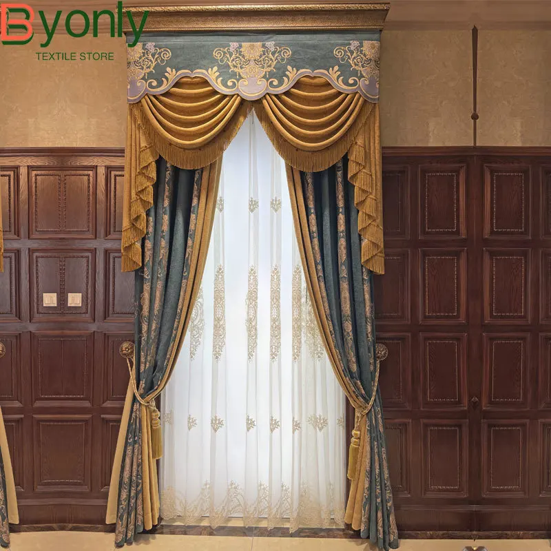 

Blue Retro Chenille Jacquard Stitching Thickened Blackout Curtains for Living Room Bedroom French Window Villa Customization