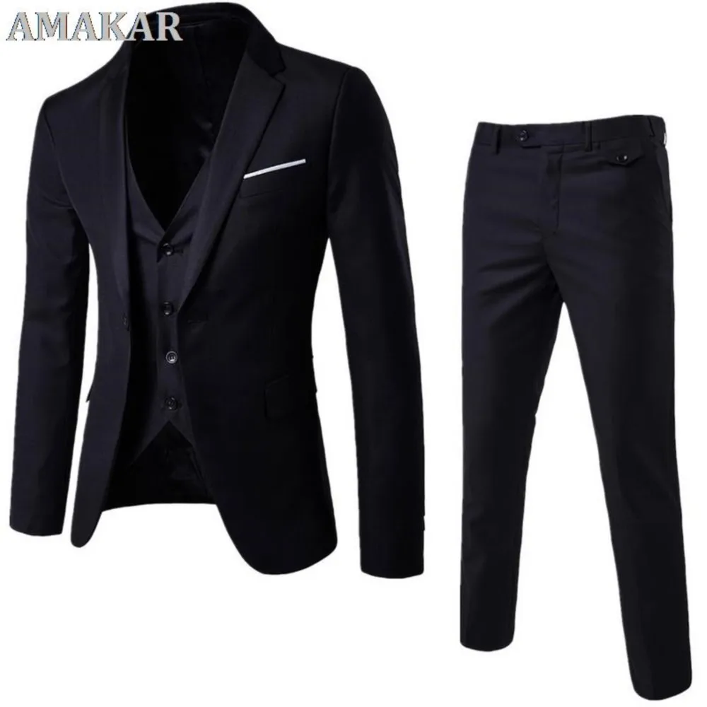 

Business Blazer +Vest +Pants Suit 3 Pieces Sets Men Costume Homme Solid Slim Wedding Set Vintage Classic Gentleman Formal Suit