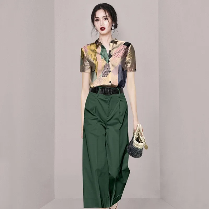 

Summer 2 Piece Sets OL Fashion Print Single-Breasted Shirt Tops + High Waist Wide Leg Pants Casual Sets
