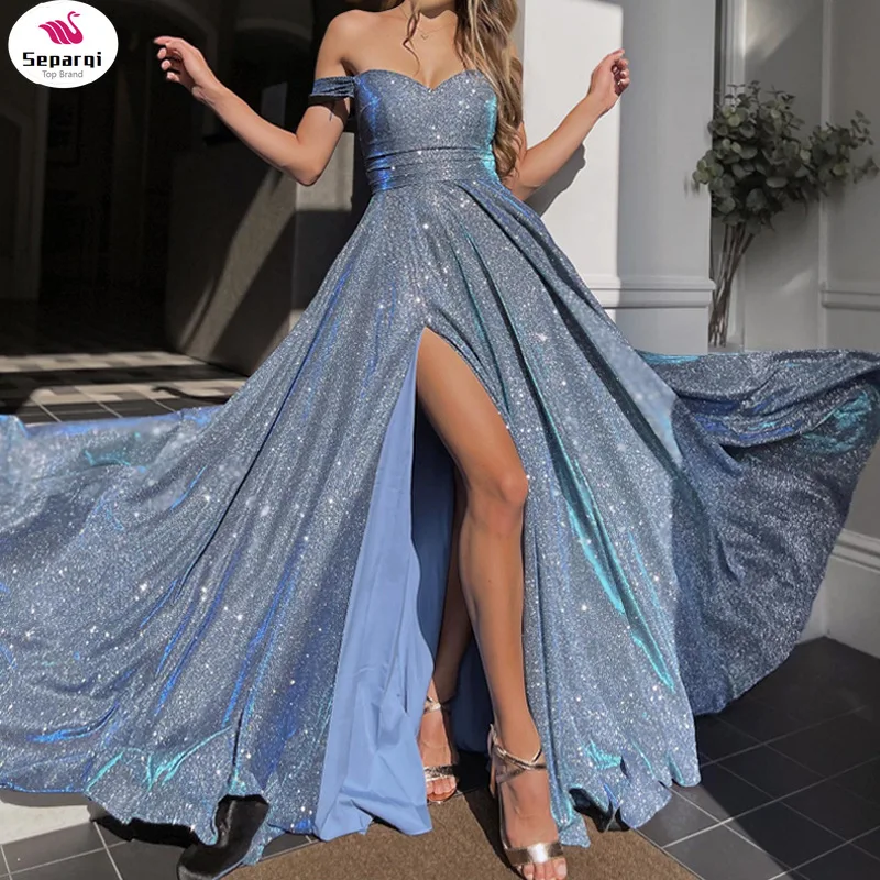 SEPARQI Women Skyblue Sequin Shiny Evening Strapless Dresses Lace Satin Sweetheart Side Side Sexy Prom Gowns Long Formal Dress