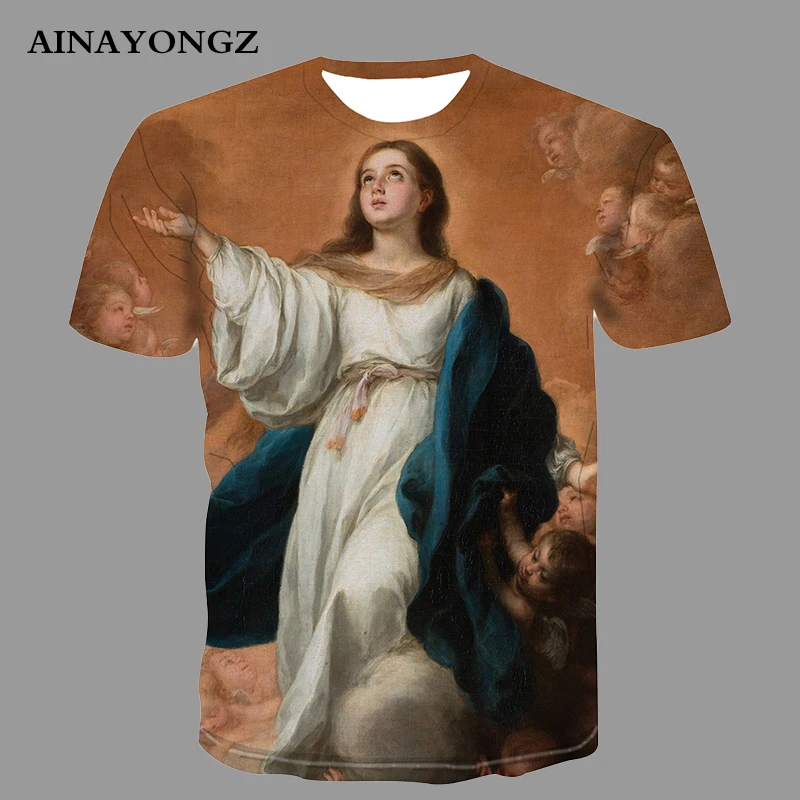 Oil Painting Funny Men Tshirt Top Christianity Jesus Biological Mother Virgin Mary 3D Print Short Sleeve Tee Oversized T-Shirt