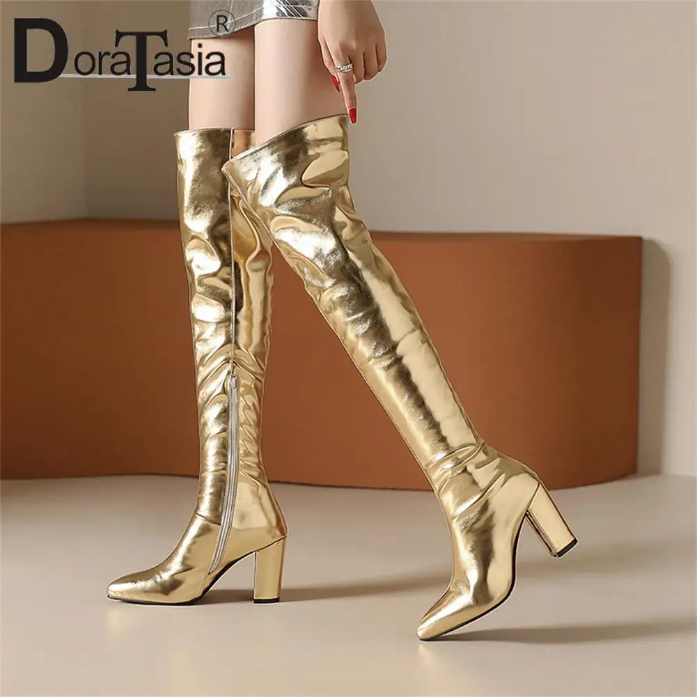 

New Ladies Pointed Toe Thigh High Boots Fashion Zip High Thick Heel Metallic Sparkle Slouch Tall women's Boots Sexy Woman Shoes