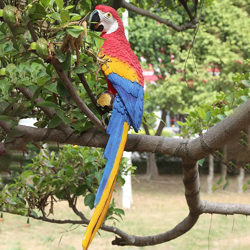 Наружная ручная роспись статуи попугаев из смолы красные желтые маленькие