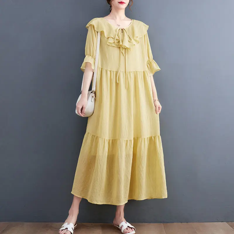 

Повседневное однотонное платье с оборками на воротнике и рукавом до локтя, свободное модное строченное платье-миди большого размера, женск...