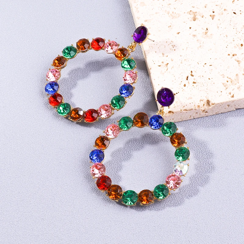 

2022 Luxury Summer New Round Colorful Rhinestones Stud Earrings Temperament Statement Women Earrings Wedding Party Accessories